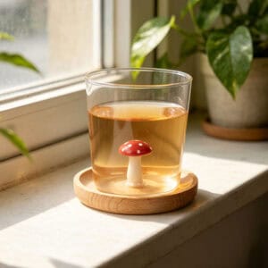 3D Mushroom Clear Glass Tumbler with Wooden Tray