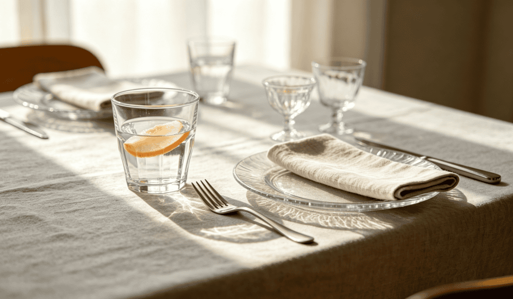 Clear glass tableware set with tumblers, plates, and linen napkins on a sunlit table, VitraDecoration home decor