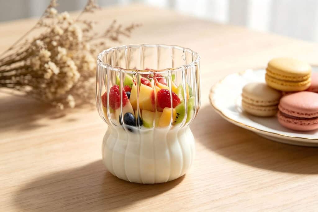 Ribbed transparent glass dessert cup filled with yogurt and fresh mixed fruits on wooden table