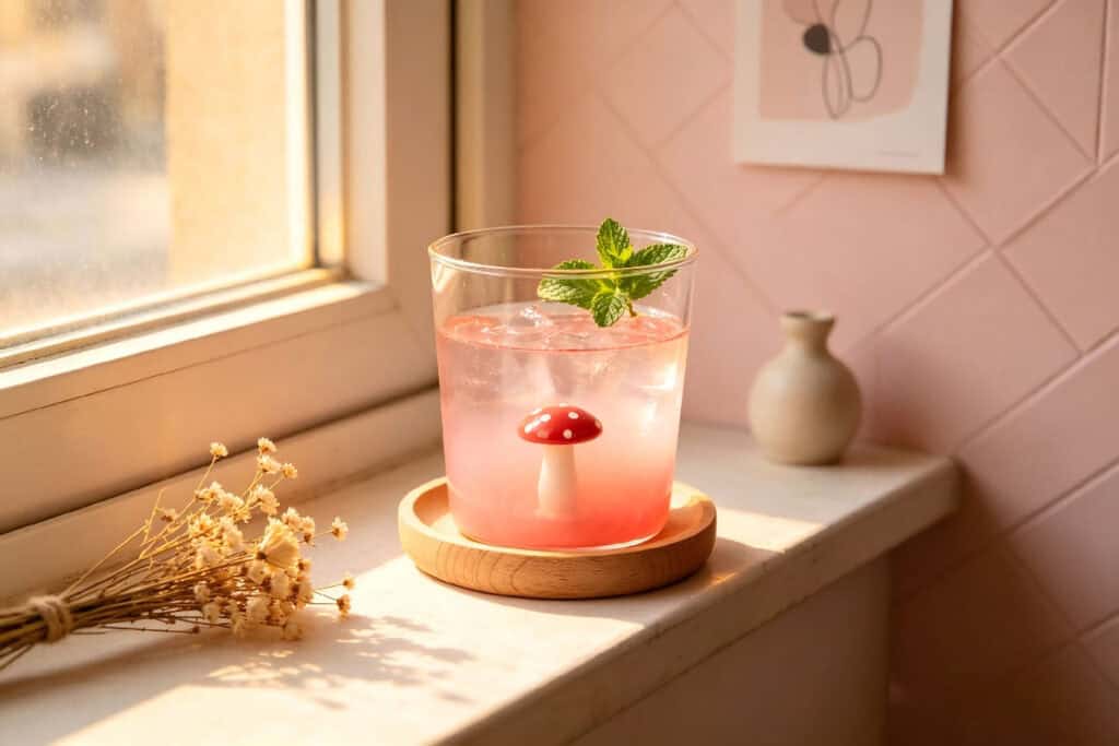 Clear plain glass tumbler with pink iced drink, mint leaf and mushroom decor on wooden saucer by sunny windowsill