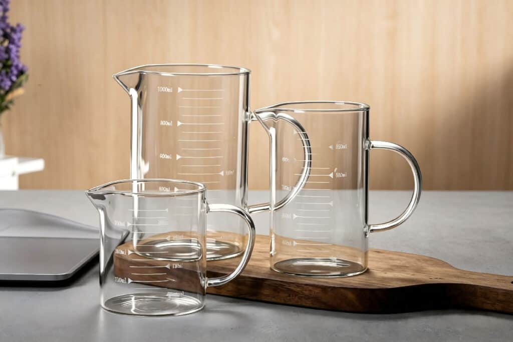 Three sizes transparent glass measuring pitcher with scale markings and handle on wooden board