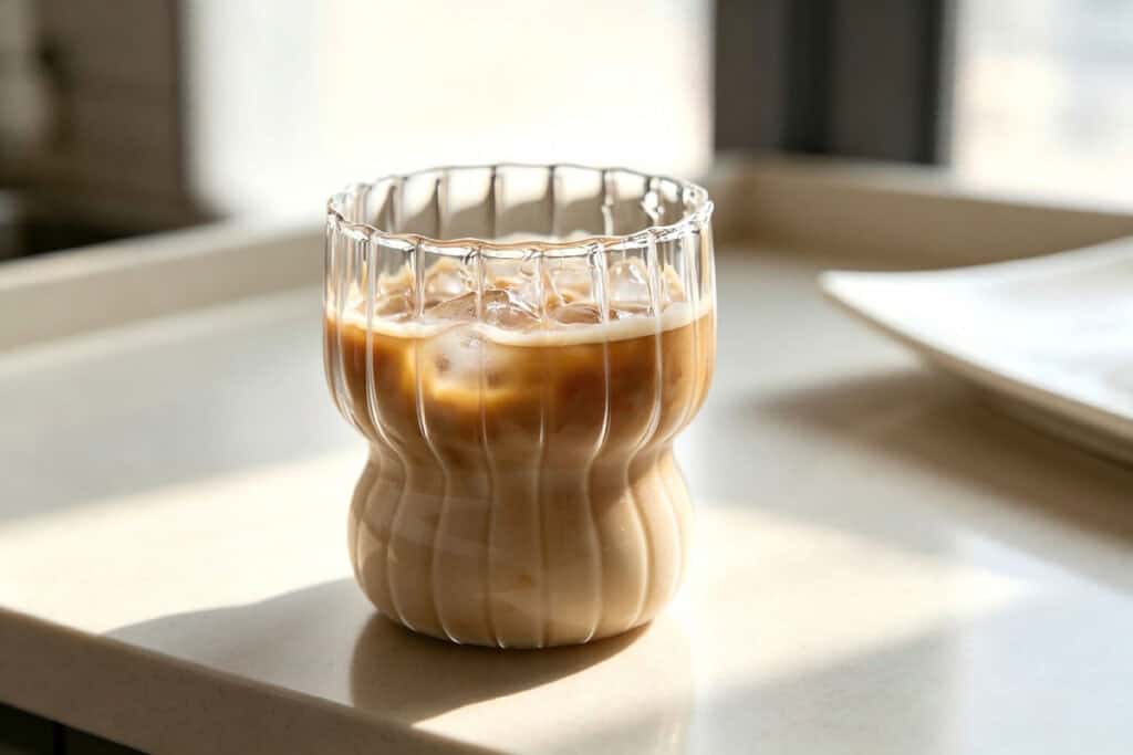 Vertical ribbed clear glass tumbler filled with iced latte on bright kitchen countertop