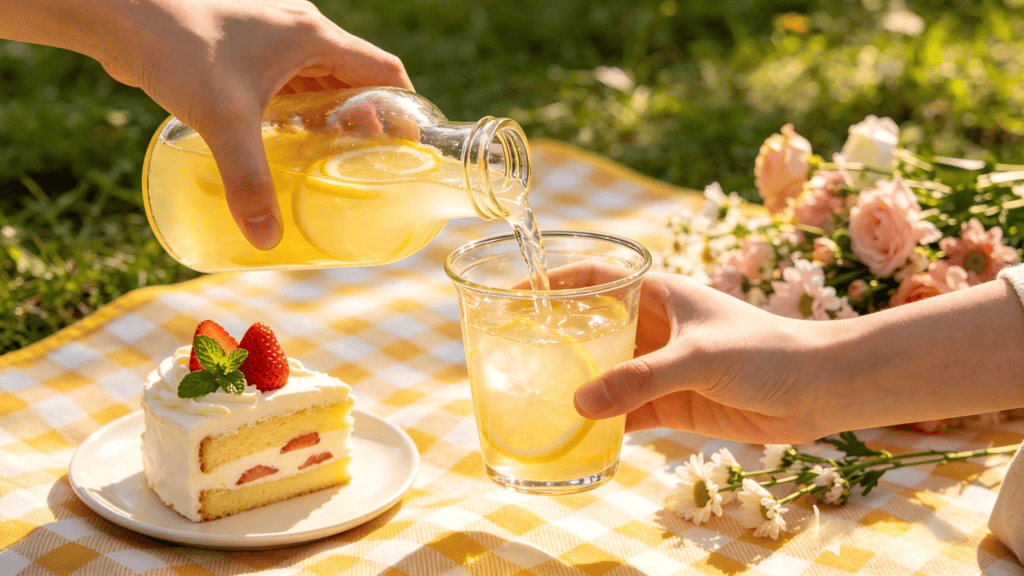 Clear glass tumbler being filled with lemonade from a matching bottle, styled on a picnic blanket with cake and flowers