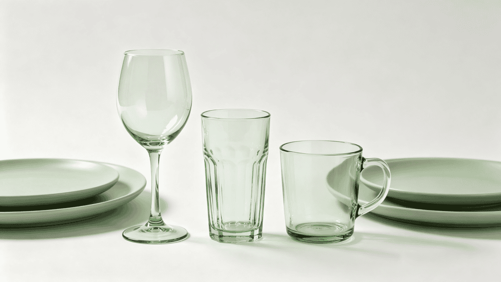 Three-piece light green glassware set including a wine glass, faceted tumbler, and handled mug, paired with matching green plates on a neutral background