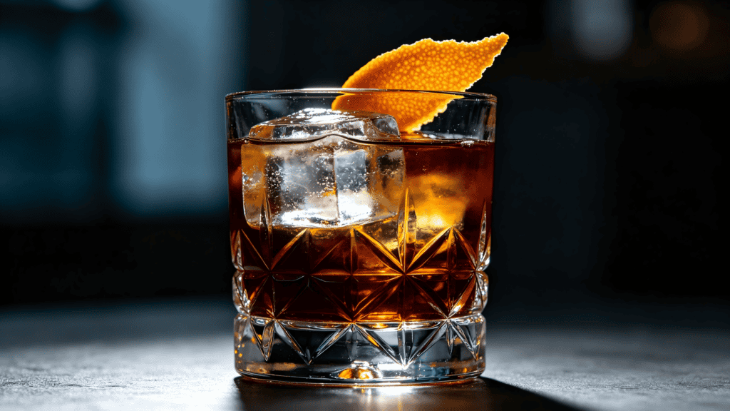 Crystal-cut old fashioned glass with a cocktail, large ice cube, and orange peel garnish, set in a moody bar setting