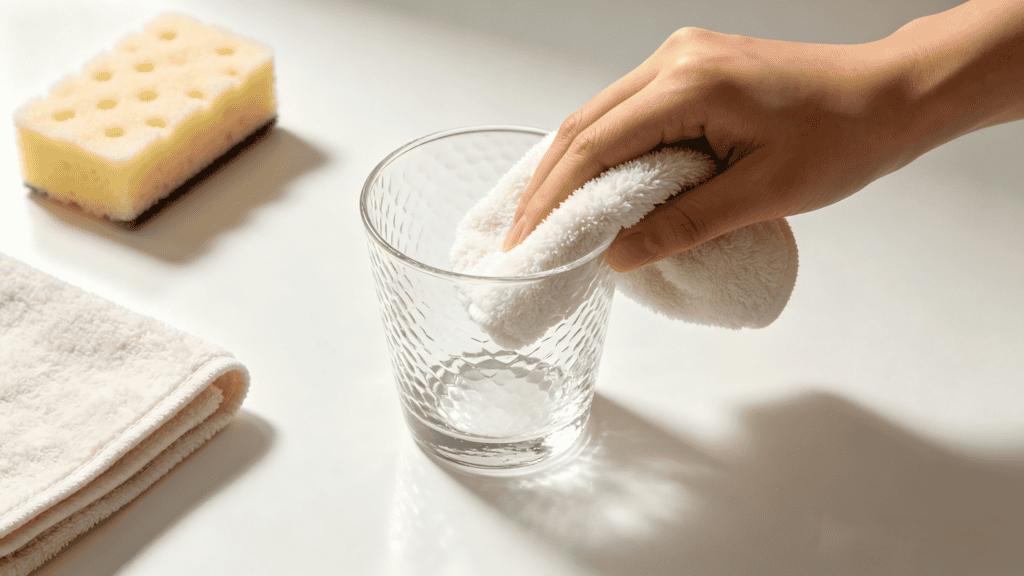 Hammered clear glass tumbler being cleaned with a white microfiber cloth, displayed with a sponge and towel on a bright countertop