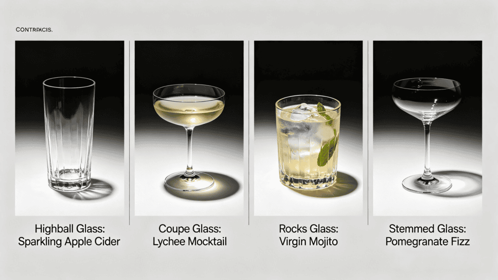 Four-piece glassware set including highball, coupe, rocks, and stemmed glasses, each styled with a different mocktail against a neutral background