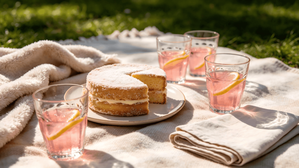 Set of four faceted clear glass tumblers with pink rims, filled with pink lemonade and lemon slices, arranged on a picnic blanket with a cake