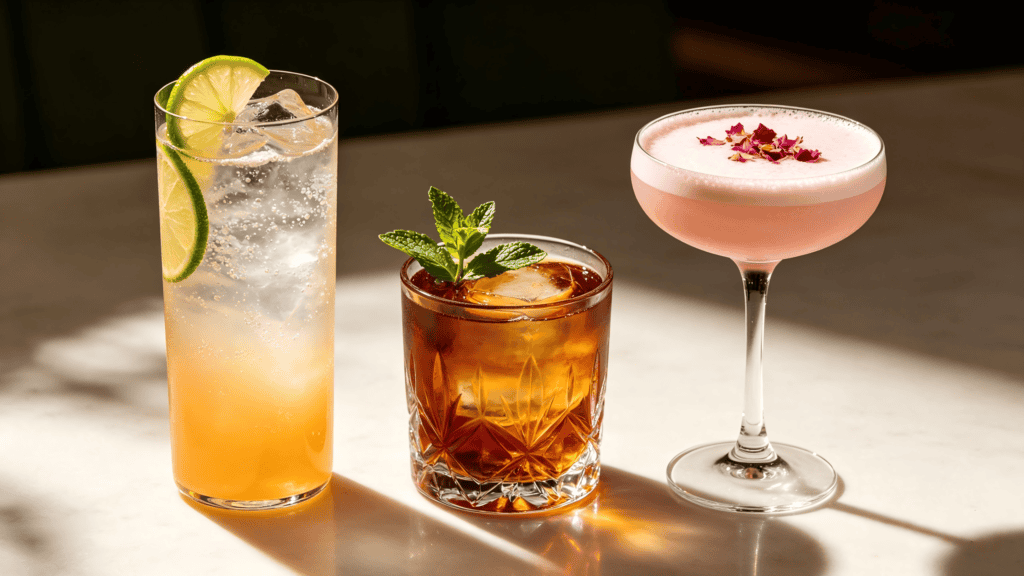 Three-piece cocktail glassware set including a highball, crystal-cut old fashioned, and coupe glass, styled with different drinks and garnishes on a bar surface