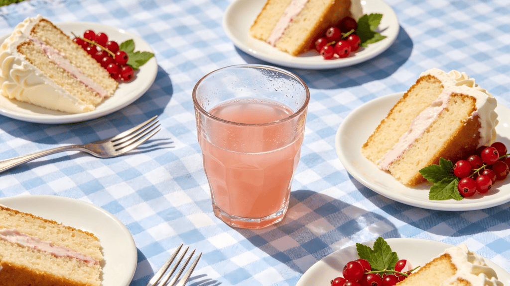 Faceted clear glass tumbler filled with pink lemonade, set on a blue checkered picnic table with slices of cake and red currants
