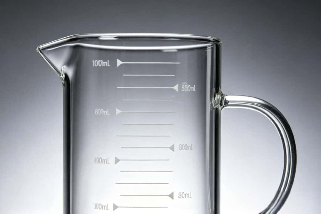 Close up of transparent glass measuring pitcher with ml scale marks, handle and pouring spout