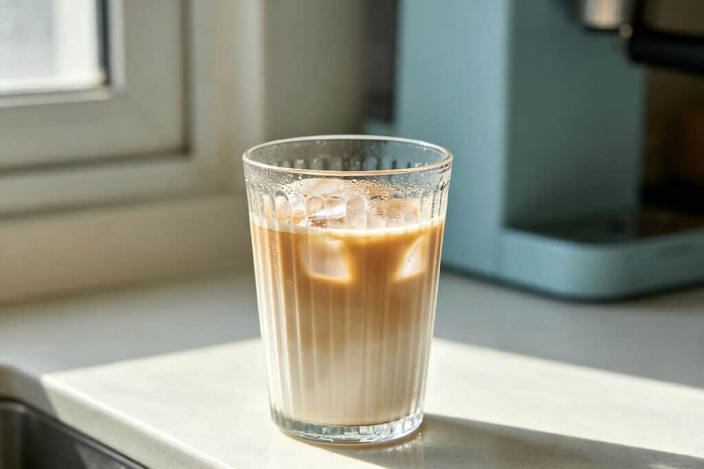 Vertical ribbed clear glass tumbler with layered iced latte on bright kitchen counter
