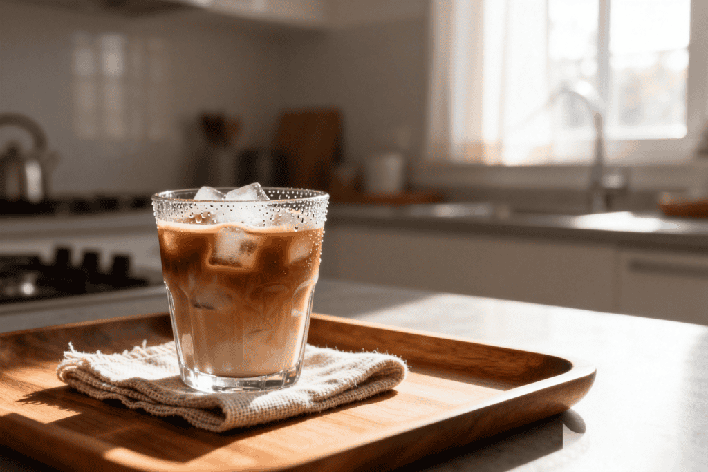 Clear textured glass tumbler filled with iced latte, condensation on the rim, resting on a wooden tray