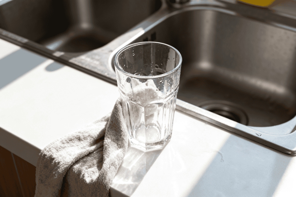 Clean textured clear glass tumbler drying next to a kitchen sink, with water droplets on the surface