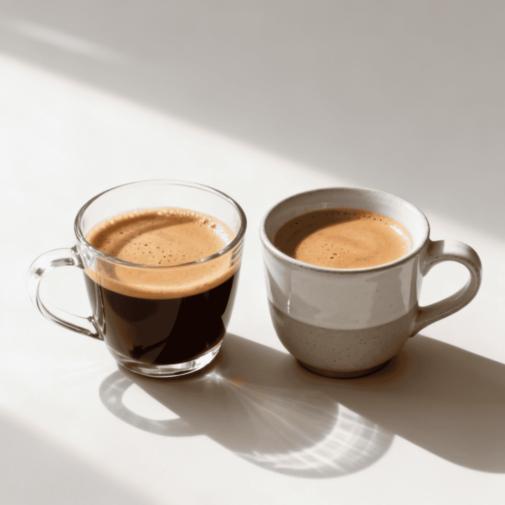 Clear glass coffee cup with handle next to a ceramic mug, both filled with espresso