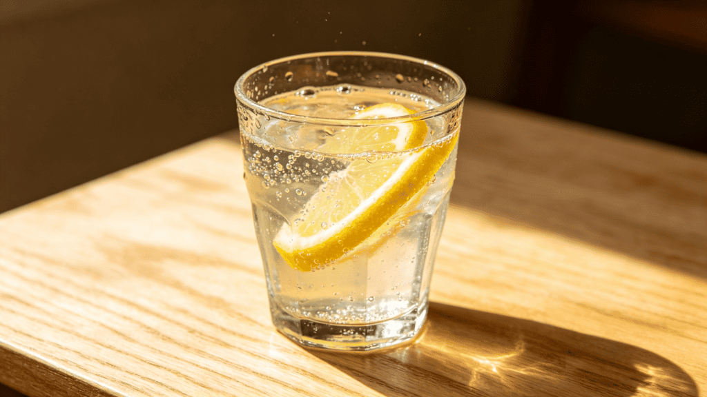 ceted clear glass tumbler with sparkling lemon water and lemon slices, placed on a sunlit wooden table