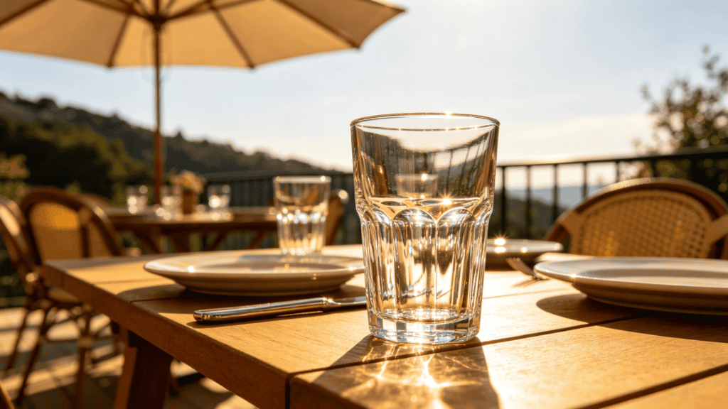 Faceted clear glass tumbler on an outdoor restaurant table with plates, cutlery, and sunlit terrace view