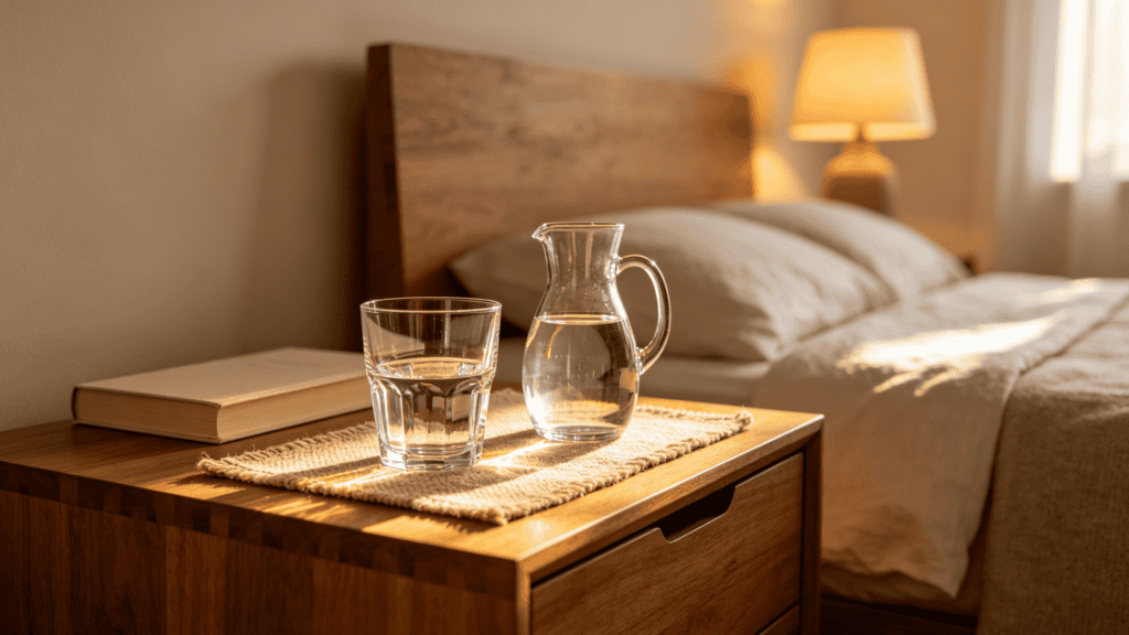 Clear faceted glass tumbler and matching glass pitcher set on a wooden bedside table with a woven mat and book, cozy bedroom setting