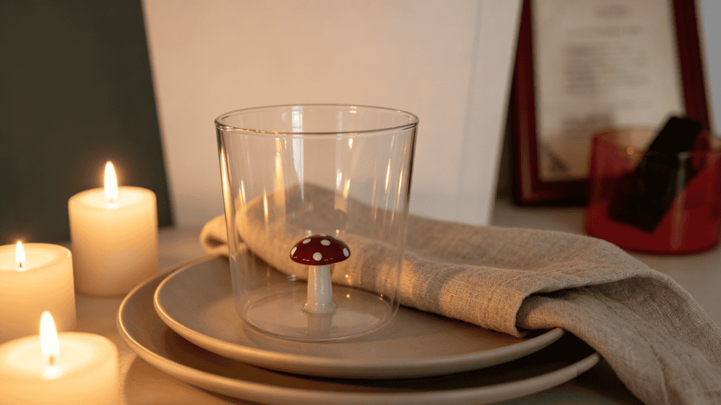 Clear glass tumbler with a red mushroom figurine inside, styled with neutral plates, linen napkin, and lit candles for cozy home decor