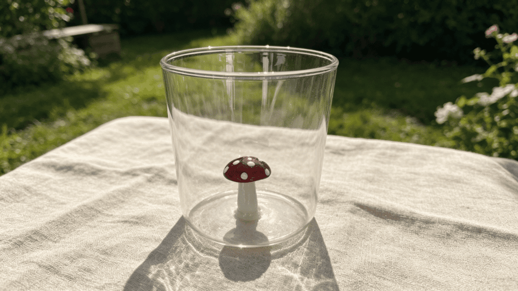 Clear glass tumbler with a red polka-dot mushroom figurine inside, placed on a linen cloth in a sunlit garden