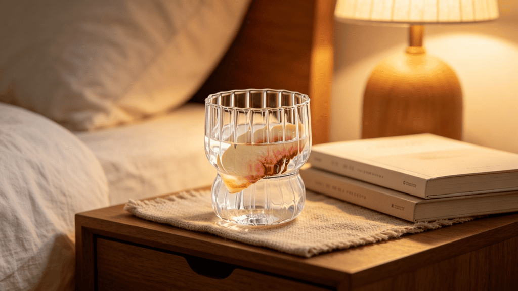 Ribbed clear glass tumbler with a peach slice in water, placed on a woven mat on a wooden bedside table with books and warm lighting