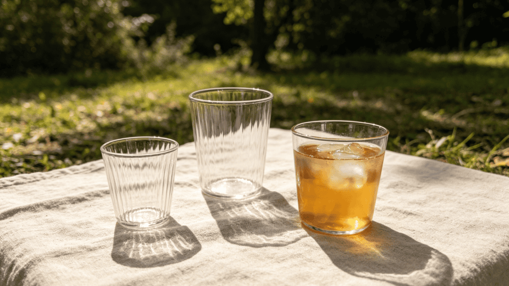 Set of three ribbed clear glass tumblers in different sizes, one filled with iced tea, displayed on a linen cloth in a sunlit garden
