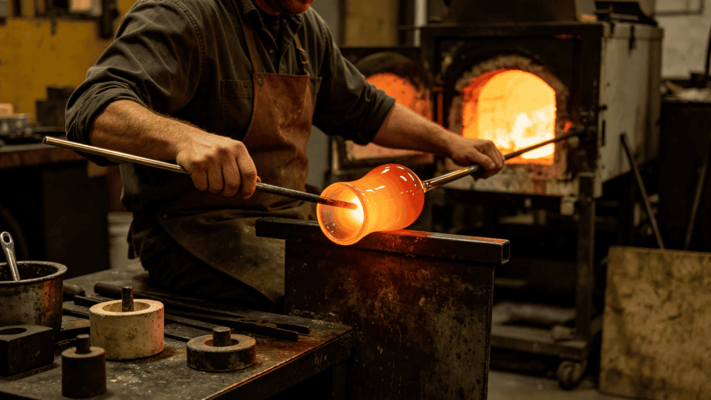 Glassblower shaping molten glass in a workshop, crafting a hand-blown glass piece near a hot furnace