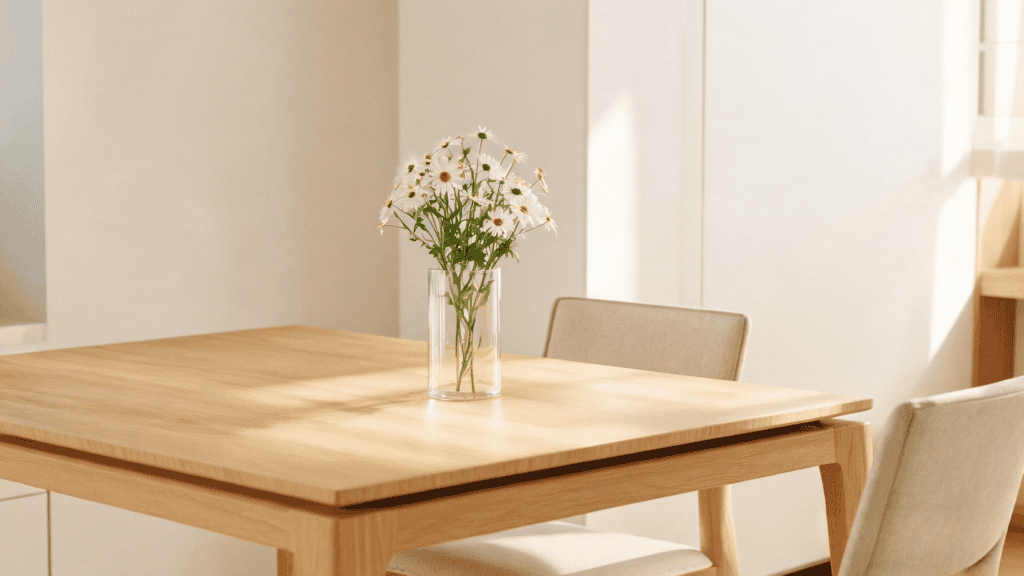 Ribbed clear glass cylinder vase with white daisies on a light wood dining table, minimalist home decor