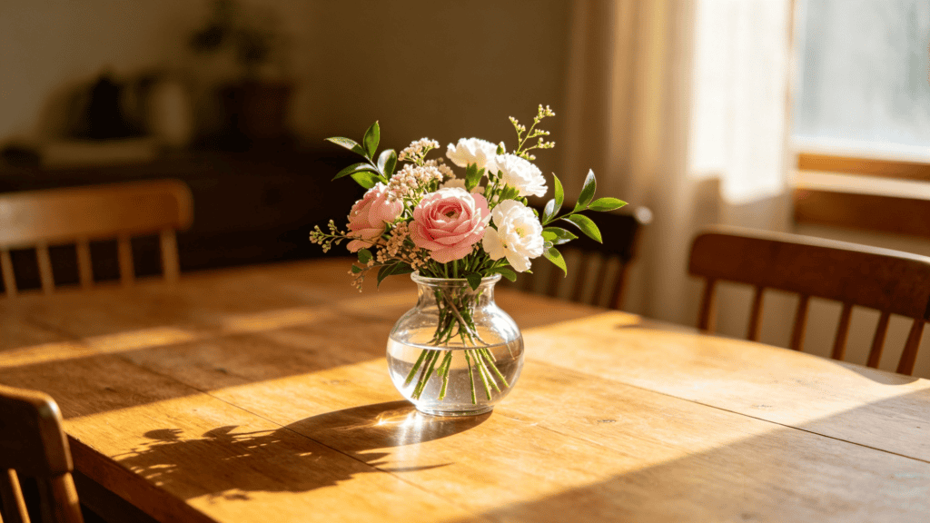 Clear glass vase with pink and white flowers on a sunlit wooden dining table, minimalist home decor
