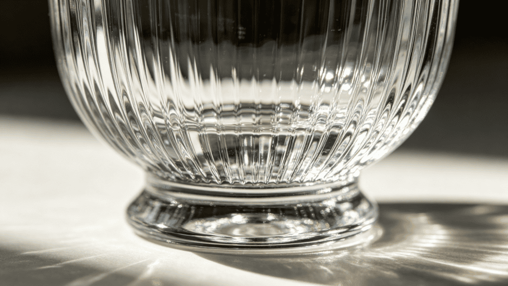 Close-up of a ribbed clear glass tumbler base, showing detailed vertical ridges and light reflections on a sunlit surface