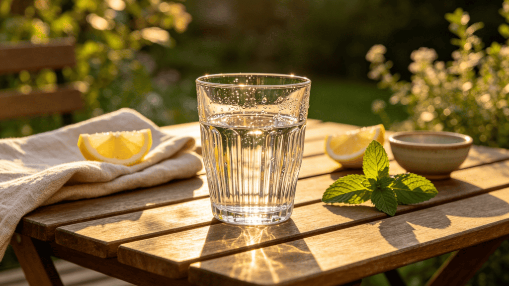 Ribbed clear glass tumbler filled with sparkling water, styled with lemon slices and mint leaves on a sunlit wooden garden table