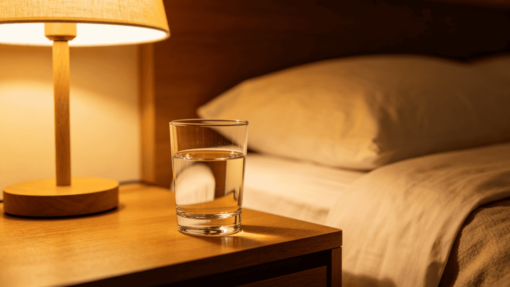 Clear glass tumbler filled with water on a wooden bedside table, lit by a warm table lamp in a cozy bedroom setting