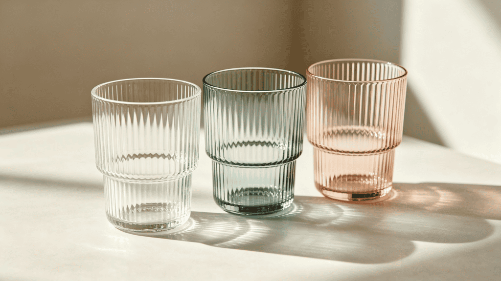 Set of three ribbed stackable glass tumblers in clear, green, and pink tones, displayed on a sunlit neutral background