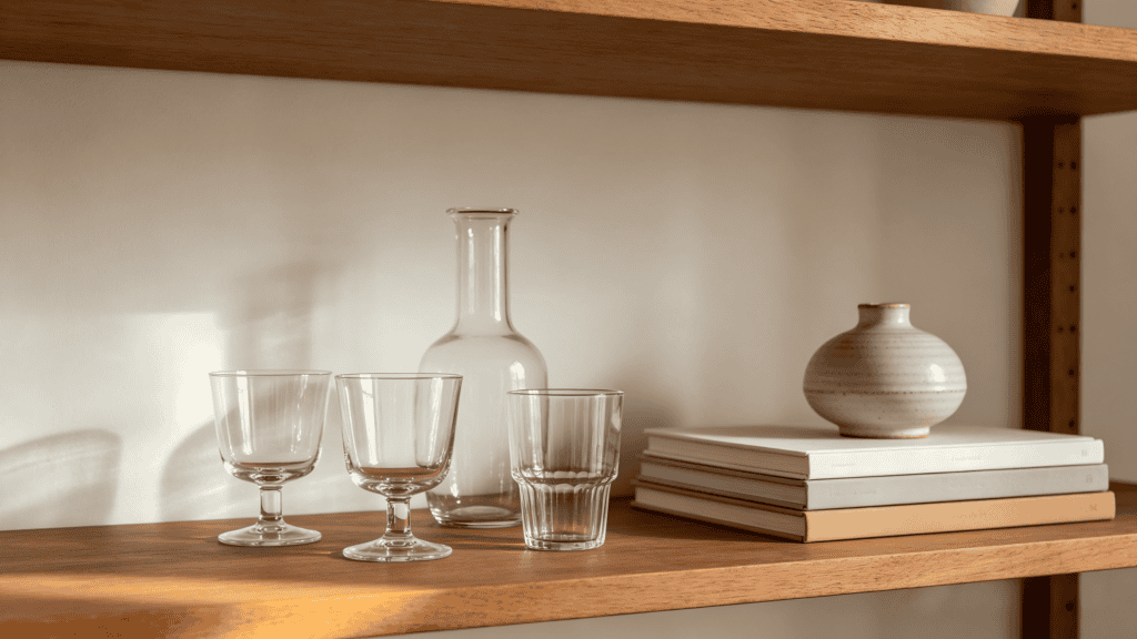 Clear glassware set including stemmed tumblers, a faceted tumbler, and a glass carafe, displayed on a wooden shelf with books and ceramic decor