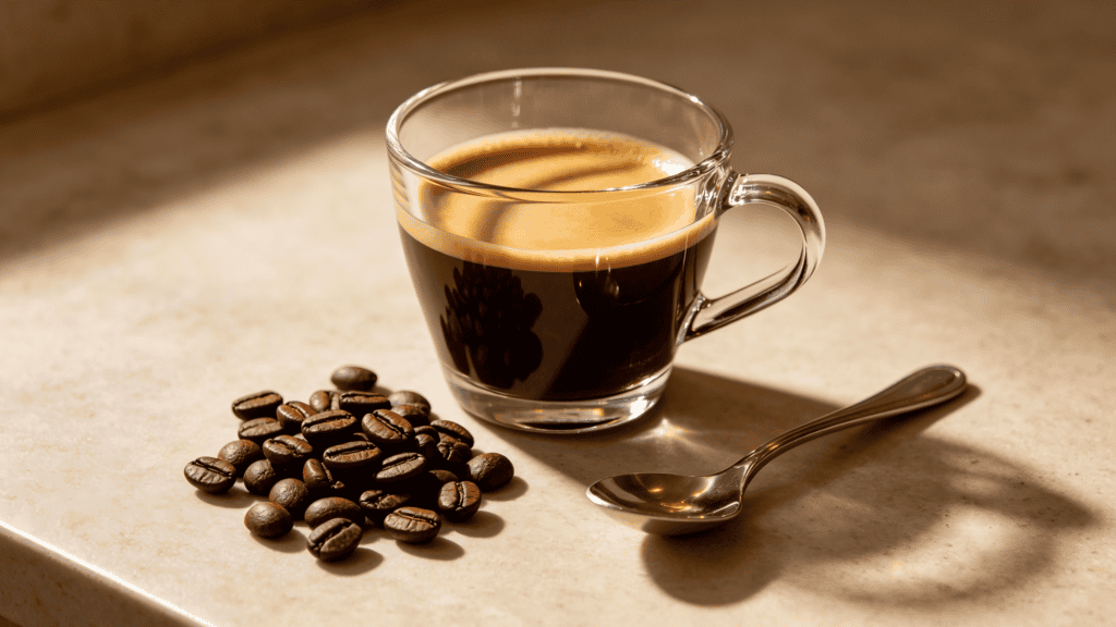 Clear glass espresso cup with handle filled with coffee, styled with coffee beans and a spoon on a sunlit countertop