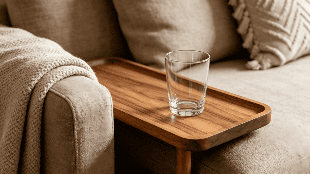 Clear minimalist glass tumbler placed on a wooden sofa tray, set in a cozy neutral living room with knit blanket and cushions
