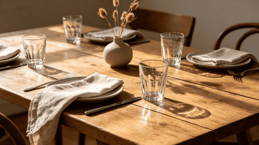 Set of four faceted clear glass tumblers styled on a sunlit wooden dining table with neutral tableware and dried flowers