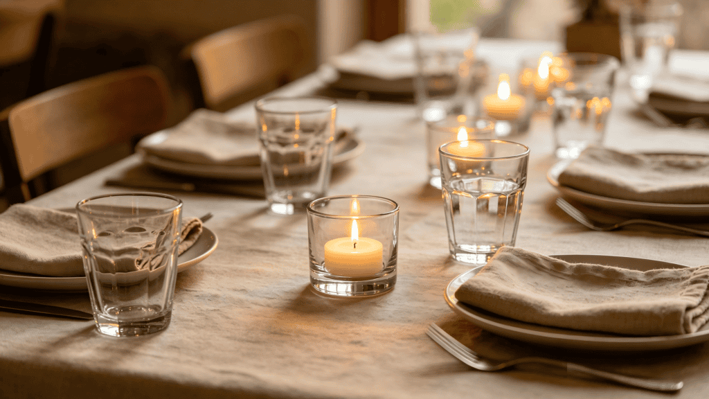 Faceted clear glass tumblers styled on a candlelit dinner table with neutral tableware and lit tealights