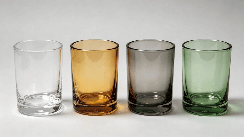 Set of four solid-color glass tumblers in clear, amber, smoke gray, and sage green, displayed on a neutral background