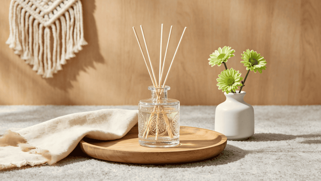Clear embossed glass reed diffuser bottle with light yellow oil and reeds, styled on a wooden tray in a cozy neutral living room
