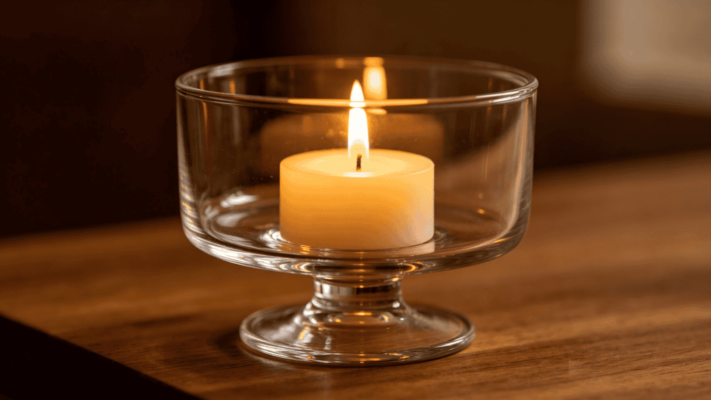 Footed clear glass candle holder with a lit tealight, placed on a warm wooden table in a cozy setting