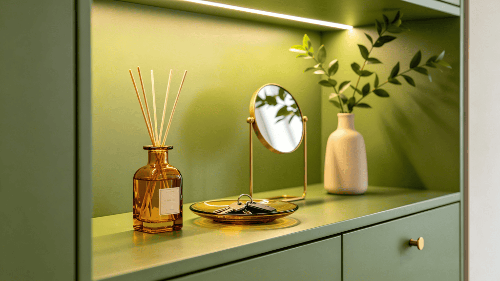 Amber glass reed diffuser bottle with labeled design, displayed on a green cabinet shelf with gold accents