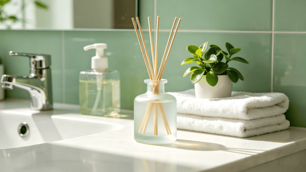 Frosted light green glass reed diffuser bottle with wooden reeds, styled on a bright bathroom countertop with towels and a plant