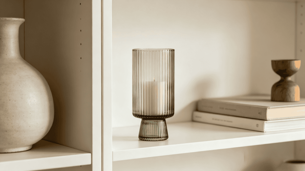 Smoke green ribbed glass hurricane candle holder with a lit candle, styled on a white bookshelf with neutral decor