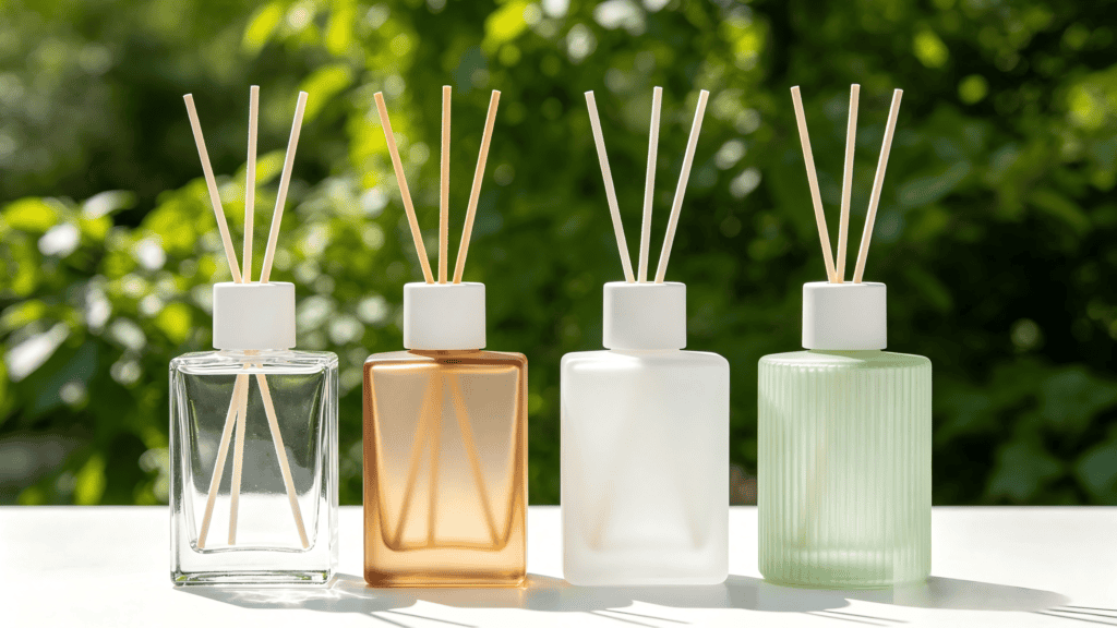 Set of four reed diffuser bottles in clear, amber, frosted white, and ribbed light green glass, displayed outdoors in sunlight