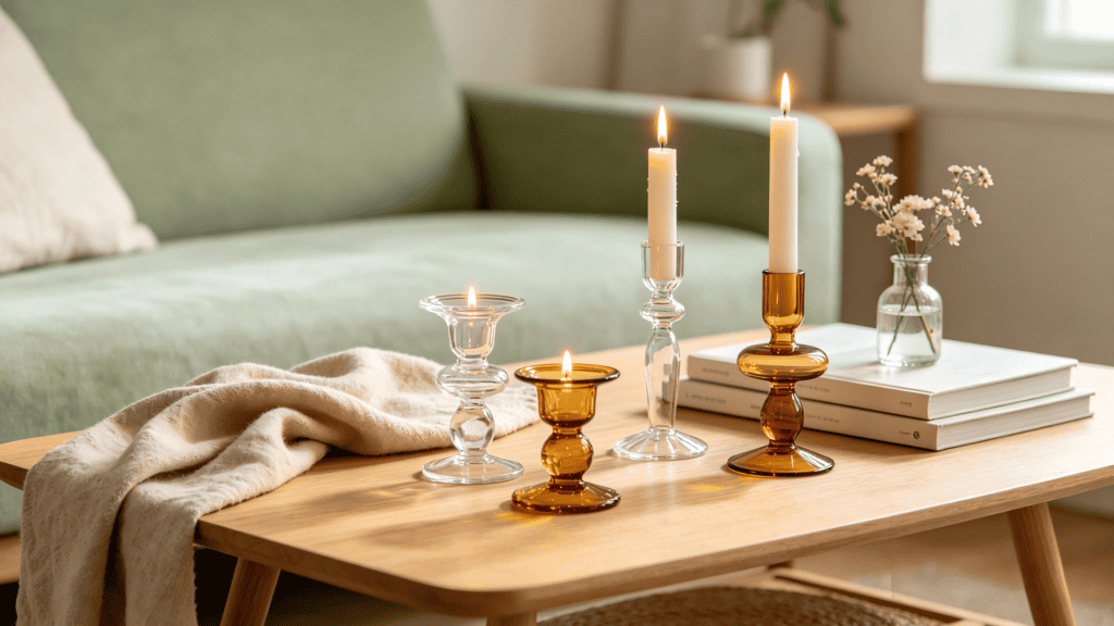 Set of four glass candle holders in clear and amber tones, styled on a wooden coffee table in a cozy living room