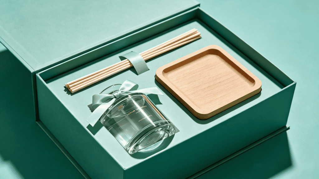 Luxury reed diffuser gift set in a mint green box, including a clear glass bottle with ribbon, wooden reeds, and a beechwood tray