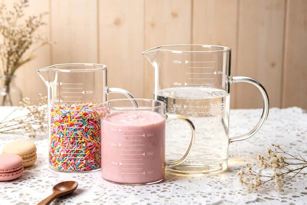 Three sizes glass measuring pitchers with scale, filled with smoothie, sprinkles and water, kitchen baking scene