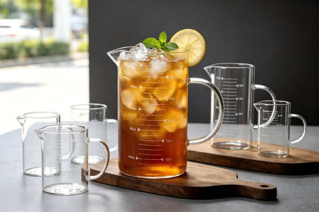 Set of graduated glass measuring pitchers, large jug filled with iced lemon tea on wooden board