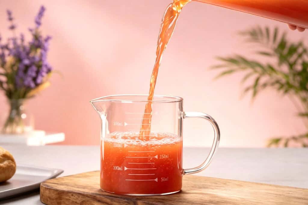 borosilicate glass measuring pitcher, red fruit juice being poured inside
